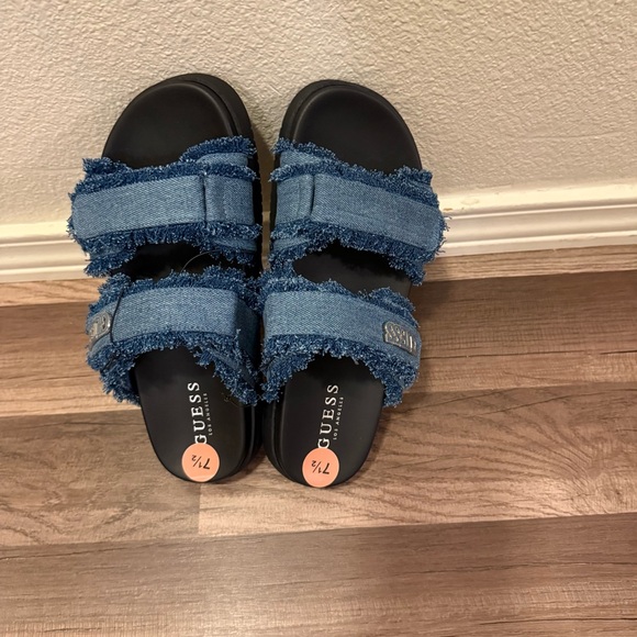 Guess Blue Denim Frayed Slide Sandals - Picture 8 of 13